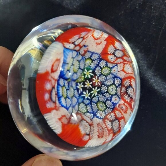 MURANO ART GLASS TINY MILLEFIORE RED WHITE BLUE DAISY FLORAL PAPERWEIGHT Vintage - Picture 5 of 8